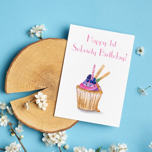 Watercolor Cupcake First Sobriety Celebration Card (Creator Uploaded)