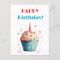 Watercolor Cupcake Happy Birthday