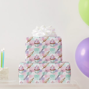 Watercolor Cupcake Pattern Pastel Pink Wrapping Paper
