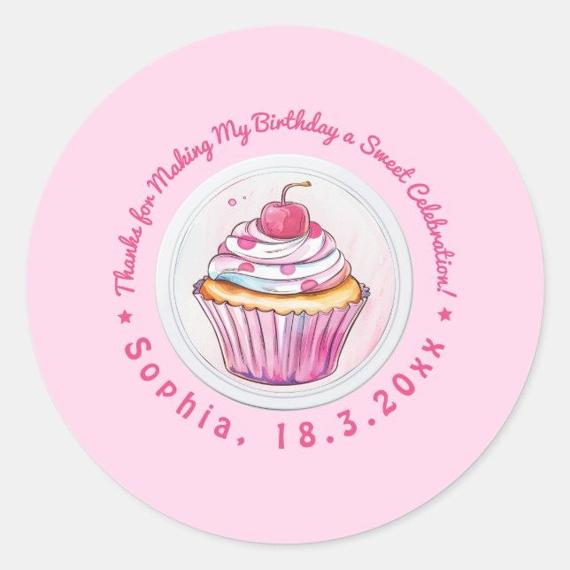 Watercolor Cupcake Sweet Birthday Thank You  Classic Round Sticker (Front)