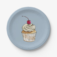 Watercolor Cupcake with Whipped Cream and Cherry