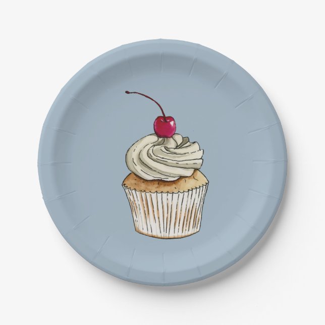 Watercolor Cupcake with Whipped Cream and Cherry Paper Plate (Front)
