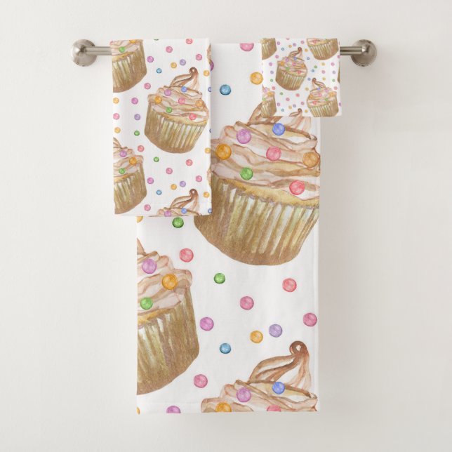 Watercolor cupcakes bath towel set (Insitu)