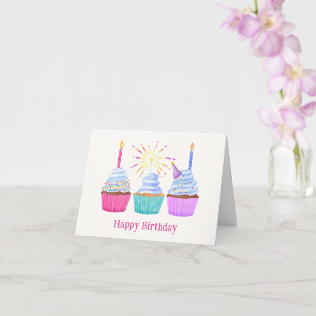 Watercolor cupcakes birthday cake card (Orchid)