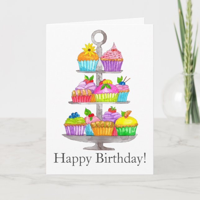 Watercolor cupcakes Birthday Card (Front)