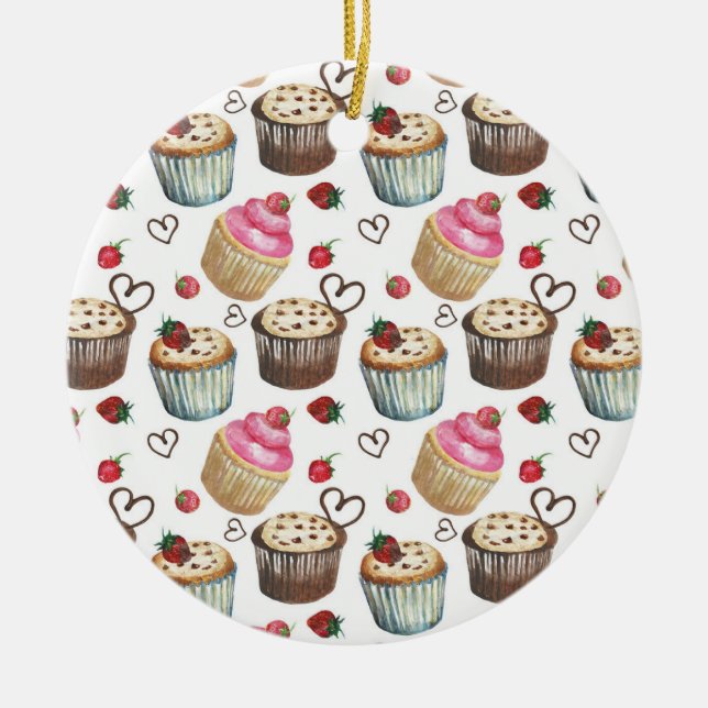 Watercolor cupcakes ceramic tree decoration (Front)