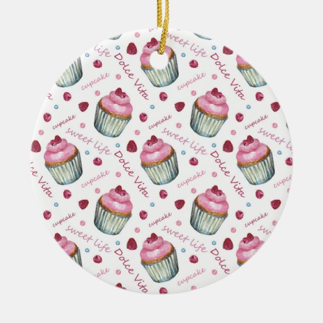 Watercolor cupcakes ceramic tree decoration (Front)