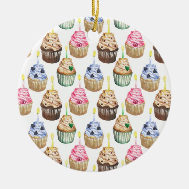 Watercolor cupcakes ceramic tree decoration (Front)