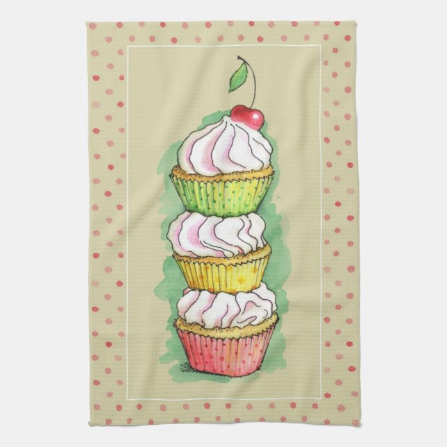 Watercolor cupcakes. Kitchen illustration. Tea Towel (Vertical)