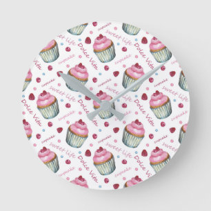 Watercolor cupcakes round clock