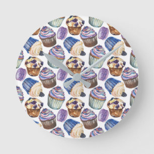 Watercolor cupcakes round clock