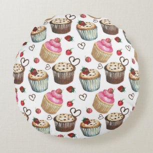 Watercolor cupcakes round cushion