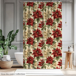 Watercolor Curtain with Red Christmas Poinsettias