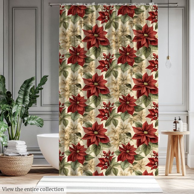 Watercolor Curtain with Red Christmas Poinsettias (Watercolor Curtain with Red Christmas Poinsettias)