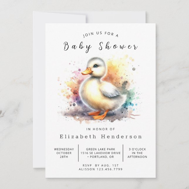 Watercolor Custom Duck Baby Shower Invitation (Front)