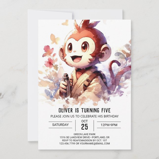Watercolor Custom Monkey Birthday Invitation (Front)