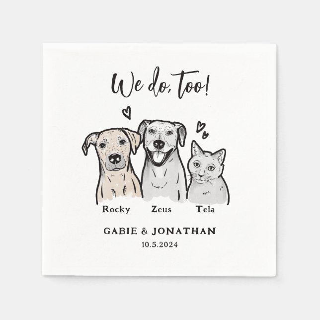 Watercolor Cute 3 Pet Dog Cat Wedding Reception  Napkin (Front)