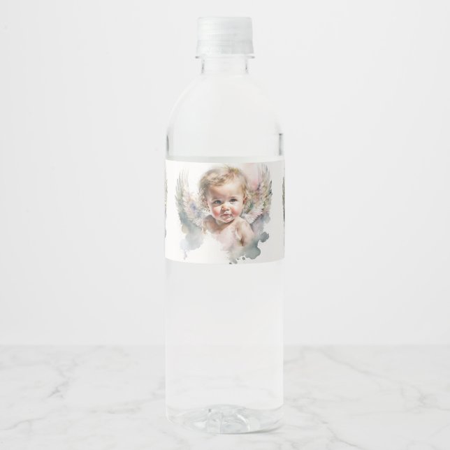 Watercolor cute Angel Baby Baptism  Water Bottle Label (Front)