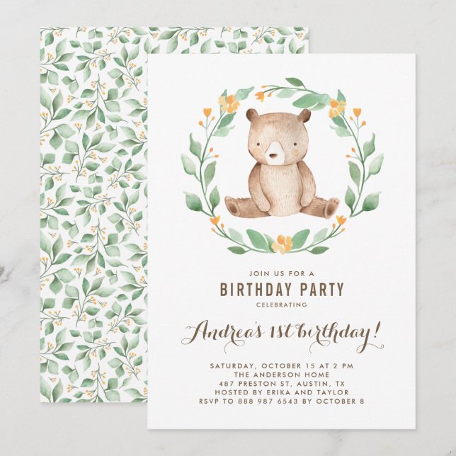 Watercolor Cute Baby Bear Woodland First Birthday Invitation (Front/Back)