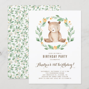 Watercolor Cute Baby Bear Woodland First Birthday Invitation