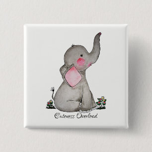 Watercolor Cute Baby Elephant With Blush & Flowers 15 Cm Square Badge