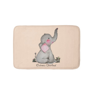 Watercolor Cute Baby Elephant With Blush & Flowers Bath Mat