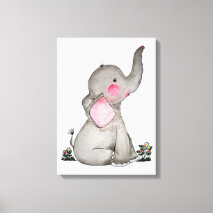 Watercolor Cute Baby Elephant With Blush & flowers Canvas Print