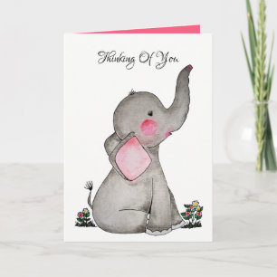 Watercolor Cute Baby Elephant With Blush & flowers Card