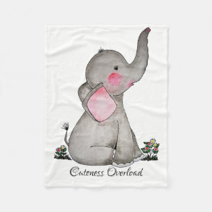 Watercolor Cute Baby Elephant With Blush & Flowers Fleece Blanket