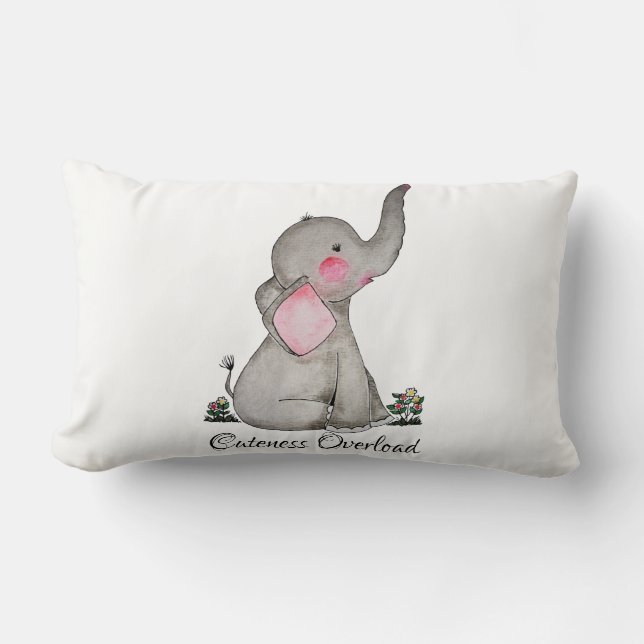 Watercolor Cute Baby Elephant With Blush & Flowers Lumbar Cushion (Front)