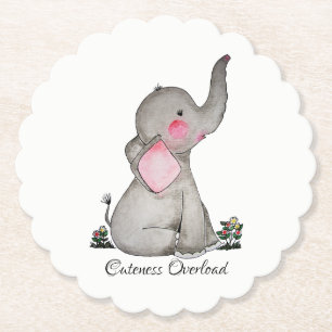 Watercolor Cute Baby Elephant With Blush & Flowers Paper Coaster