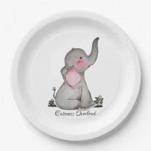 Watercolor Cute Baby Elephant With Blush & Flowers Paper Plate