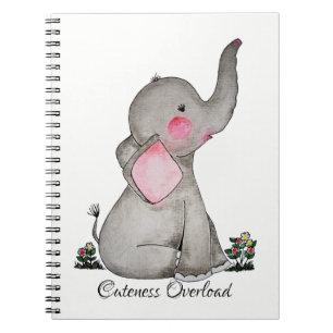 Watercolor Cute Baby Elephant With Blush & Flowers Spiral Notebook