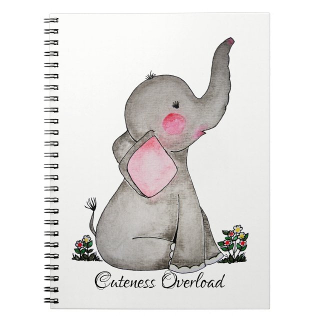 Watercolor Cute Baby Elephant With Blush & Flowers Spiral Notebook (Front)