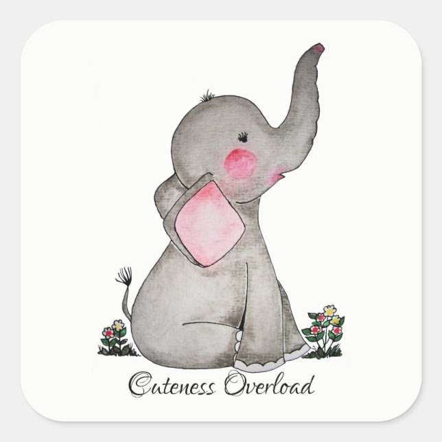 Watercolor Cute Baby Elephant With Blush & Flowers Square Sticker (Front)