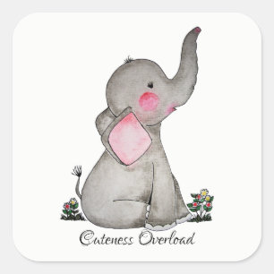 Watercolor Cute Baby Elephant With Blush & Flowers Square Sticker