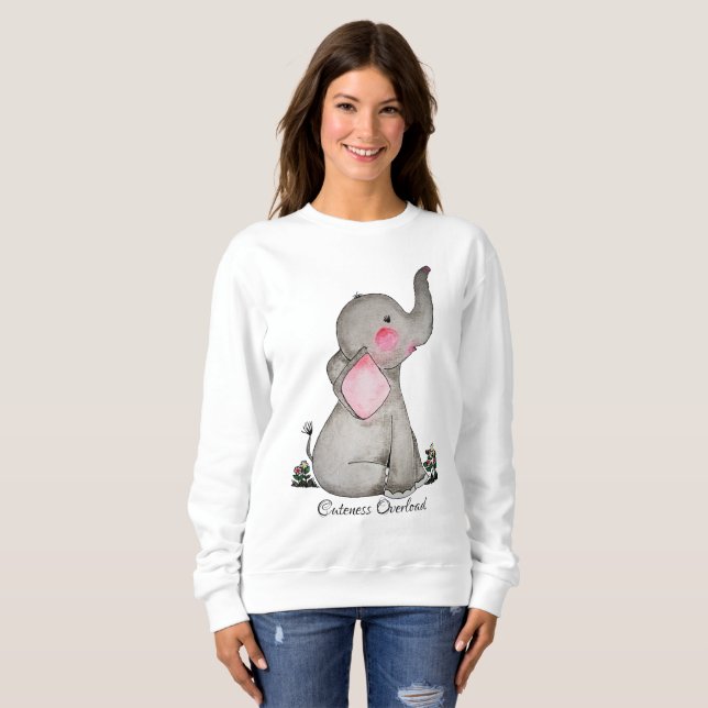 Watercolor Cute Baby Elephant With Blush & Flowers Sweatshirt (Front Full)
