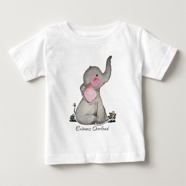Watercolor Cute Baby Elephant With Blush & Flowers T-Shirt (Front)