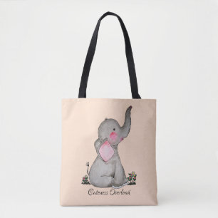 Watercolor Cute Baby Elephant With Blush & Flowers Tote Bag