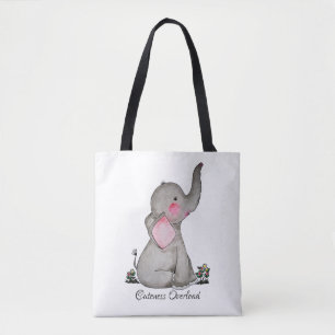 Watercolor Cute Baby Elephant With Blush & Flowers Tote Bag