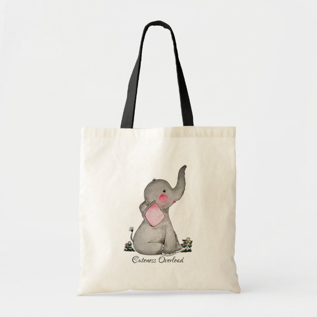 Watercolor Cute Baby Elephant With Blush & Flowers Tote Bag (Front)