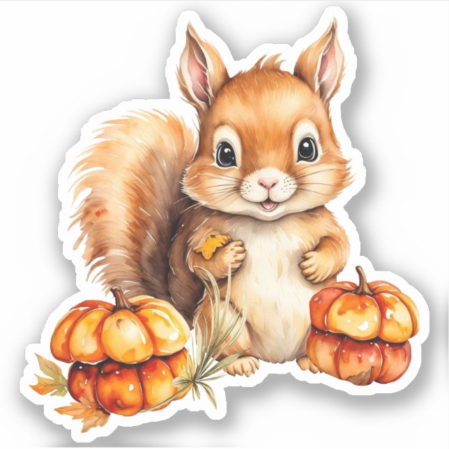 Watercolor Cute Baby Squirrel and Little Pumpkins (Front)