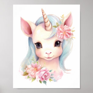 Watercolor Cute Baby Unicorn Portrait Kids Nursery Poster