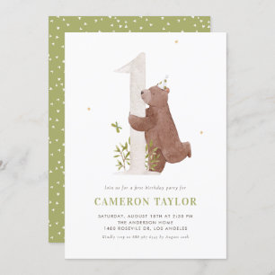 Watercolor Cute Bear Woodland First Birthday Party Invitation