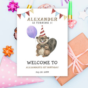 Watercolor Cute Beaver 1st Birthday  Poster