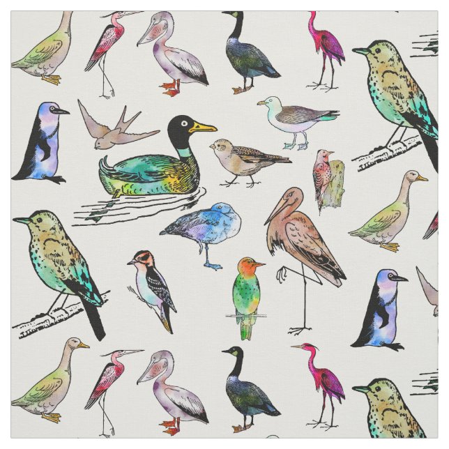 Watercolor cute bird ornithological nature pattern fabric (Swatch)