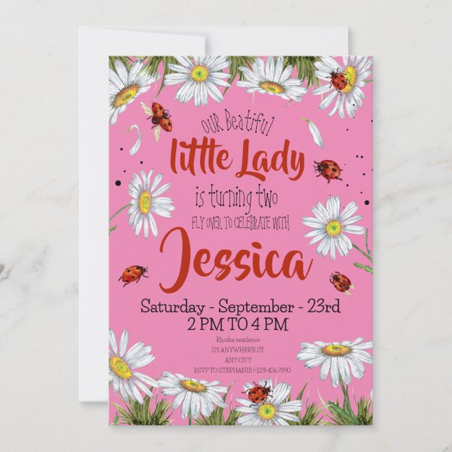 Watercolor Cute Birthday Girl Ladybug Invitation (Front)