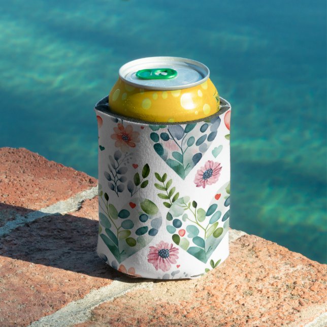 Watercolor cute blossom floral hearts pattern can cooler (In Situ Pool)