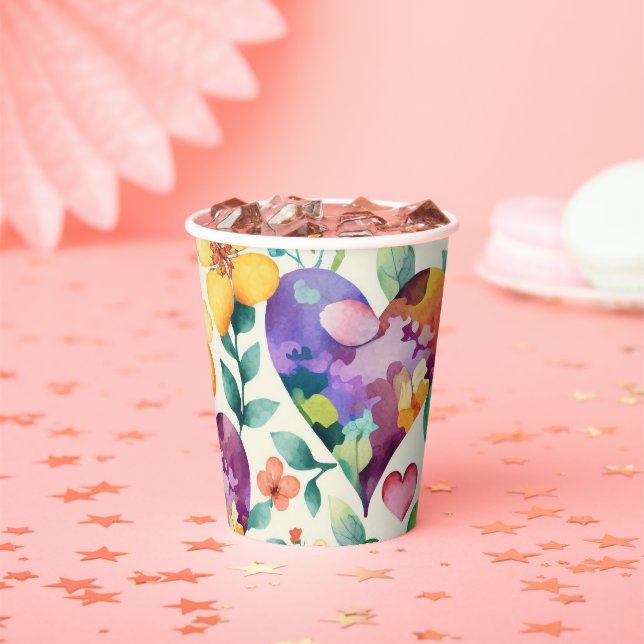 Watercolor cute blossom floral hearts pattern paper cups (Insitu)