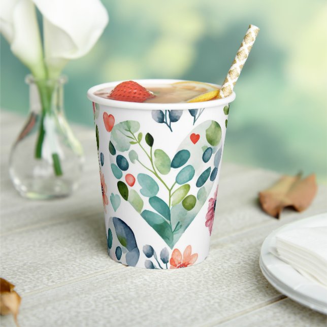 Watercolor cute blossom floral hearts pattern paper cups (Insitu)